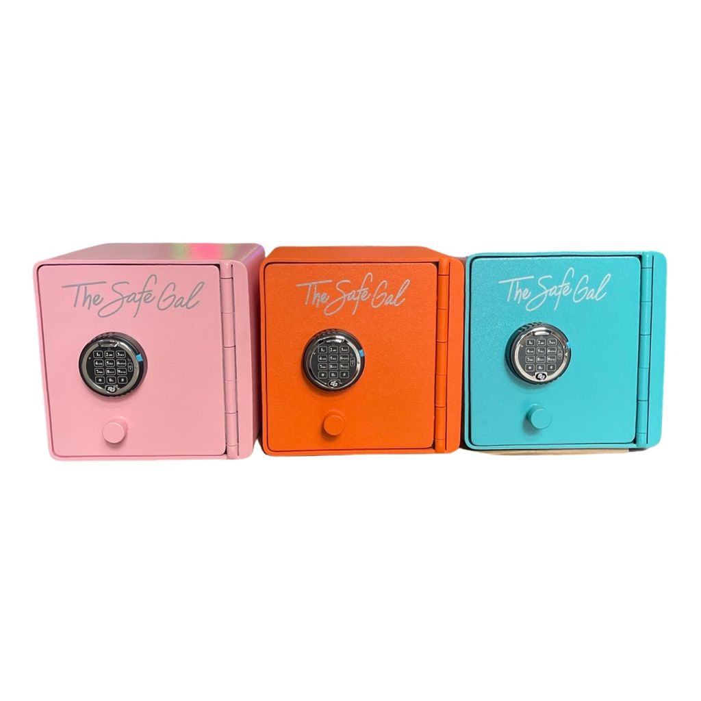 12x12x12 safe front-facing, in colors pink, orange, and turquoise